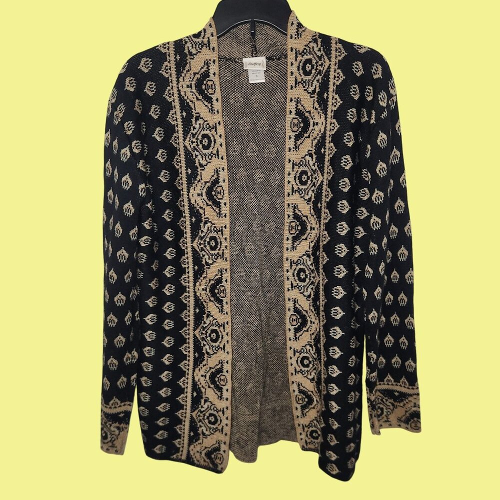 Daytrip Black & Beige Open Front Cardigan Sweater With Patterned Design Small
